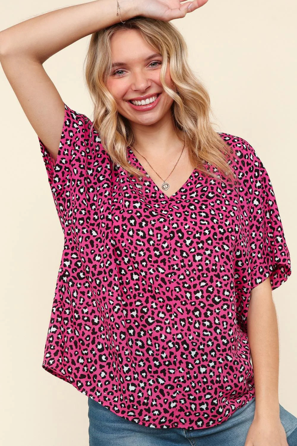 HOT PINK MAGENTA BLACK LEOPARD WOVEN VNECK BLOUSE-PLUS