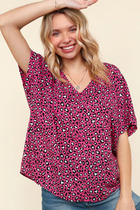 HOT PINK MAGENTA BLACK LEOPARD WOVEN VNECK BLOUSE-PLUS