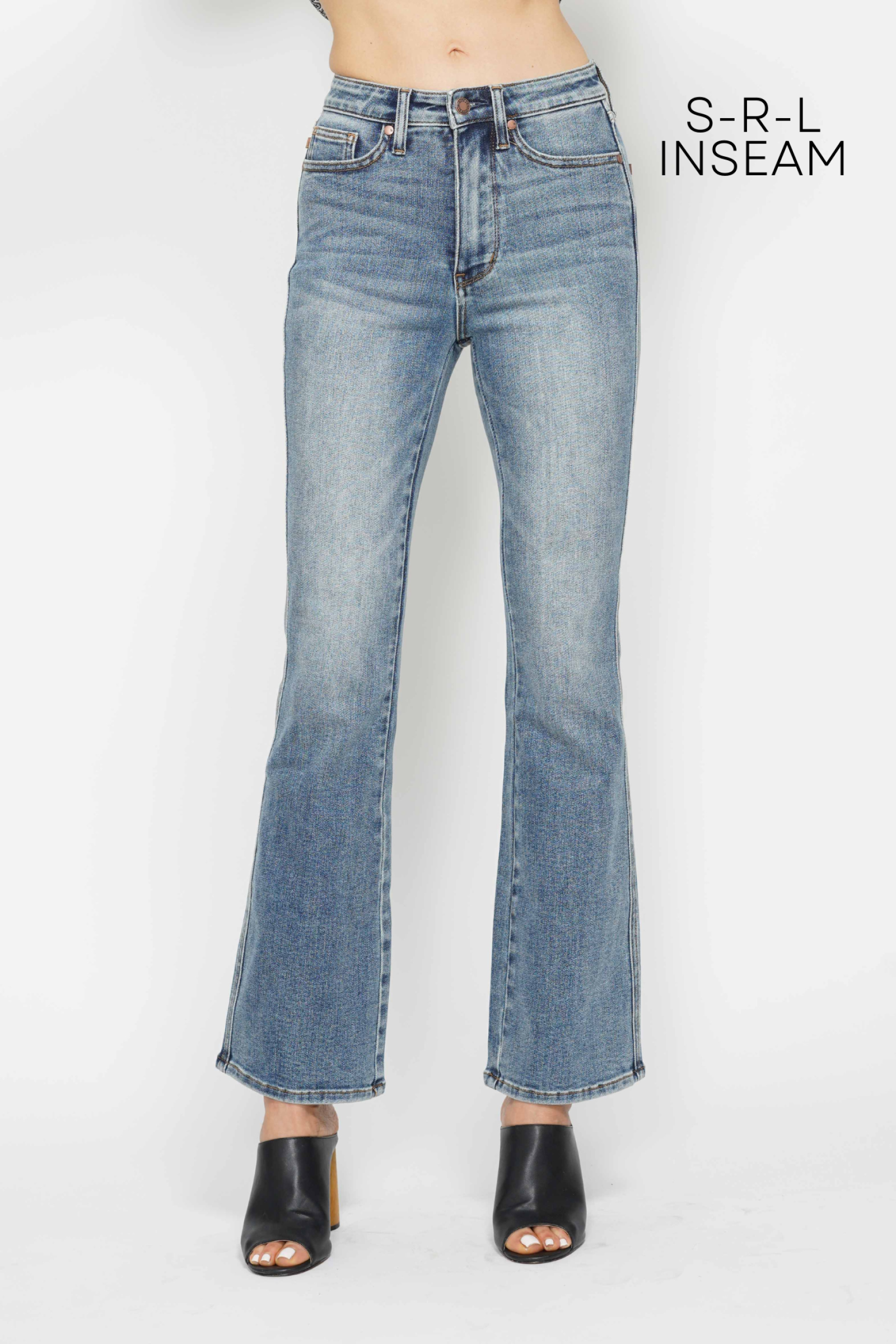 *SHORT INSEAM* HIGH WAIST TUMMY CONTROL MEDIUM WASH BACK POCKET EMBROIDERY BOOTCUT JUDY BLUE DENIM