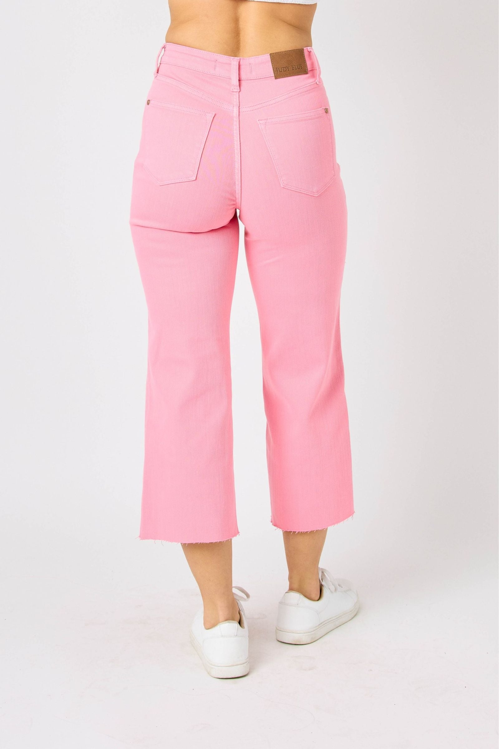 PINK HIGH WAIST GARMENT DYED TUMMY CONTROL CROPPED WIDE LEG JUDY BLUE DENIM- PLUS