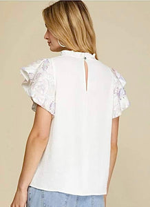 WHITE IRIDESCENT SEQUIN FLUTTER SLEEVE BLOUSE