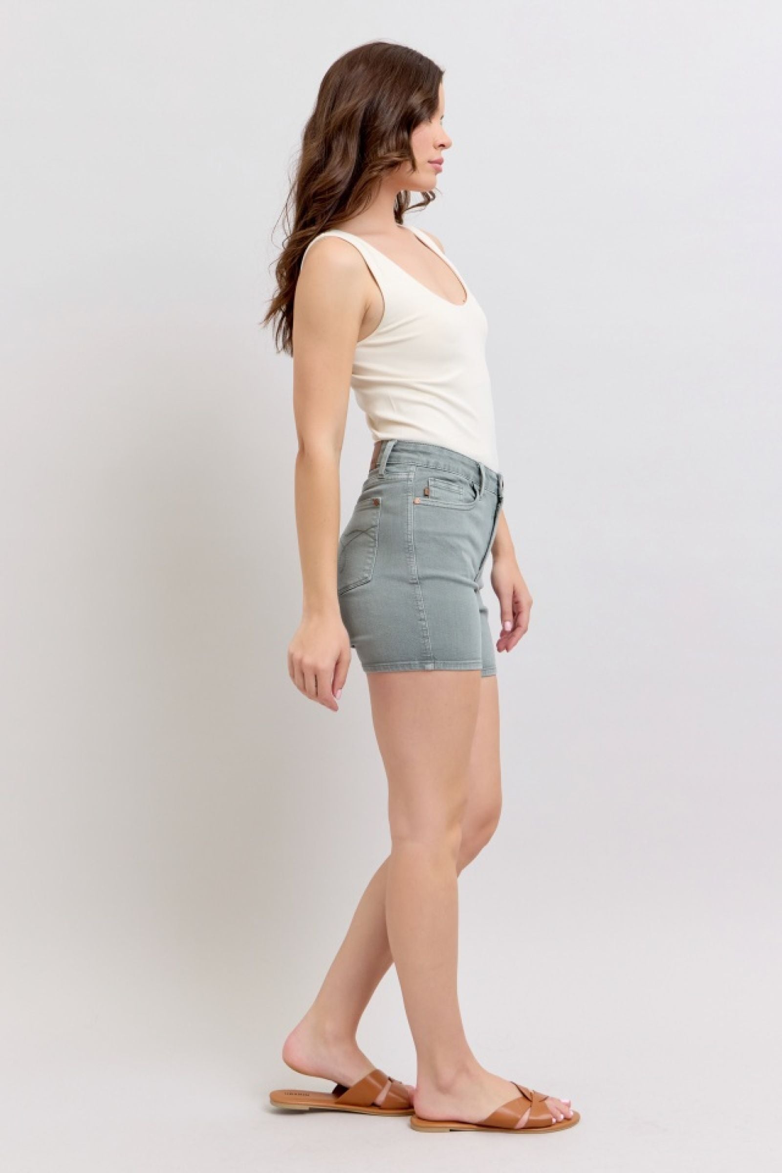 HIGH WAIST STONE BLUE GARMENT DYED BACK POCKET EMBROIDERY DENIM SHORTS JUDY BLUE