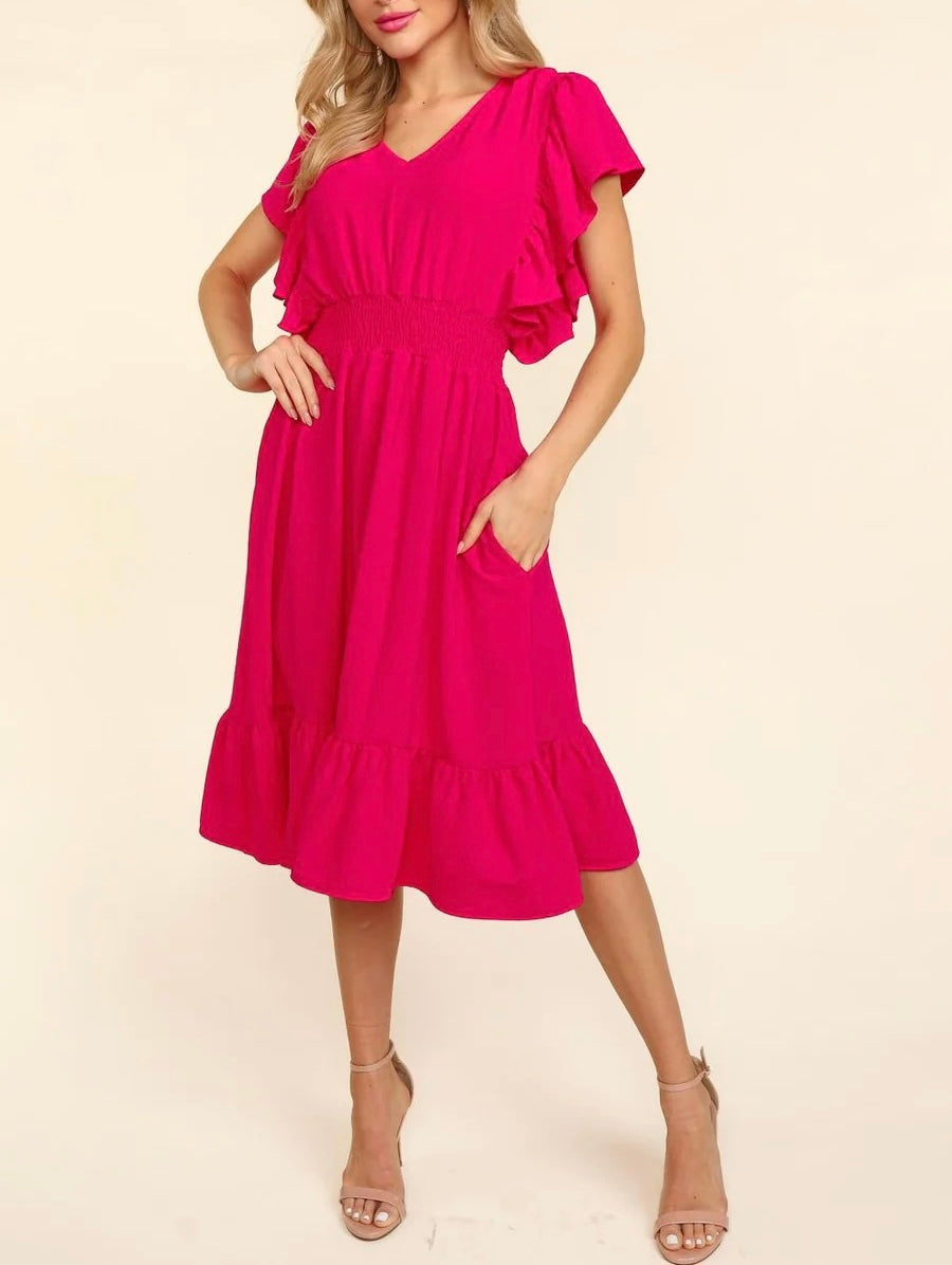 FUCHSIA MIDI LENGTH WOVEN POCKETED RUFFLE DRESS-PLUS