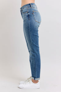 MID RISE VINTAGE WASH DARK WASH NON DESTROY BOYFRIEND FIT JUDY BLUE DENIM-PLUS