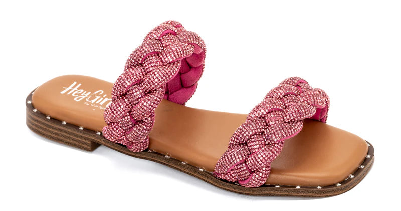 DON'T GET IT TWISTED FUCHSIA RHINESTONES CORKYS BLING SANDALS