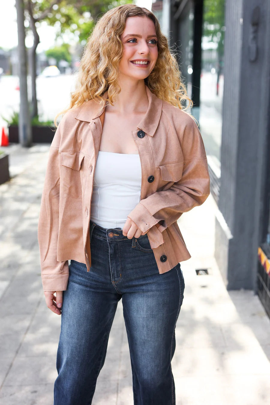 TAN SUEDE CROPPED BOXY FIT MOTTO STYLE JACKET