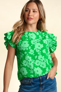 KELLY GREEN SMOCKED RUFFLE FRILLY SHORT SLEEVE FLORAL WOVEN BLOUSE