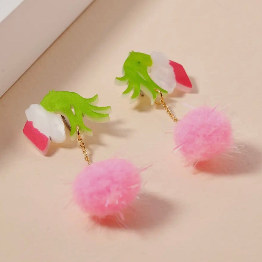 PINK GREEN CHRISTMAS GRINCH HAD ENAMEL BEADED DROP EARRINGS