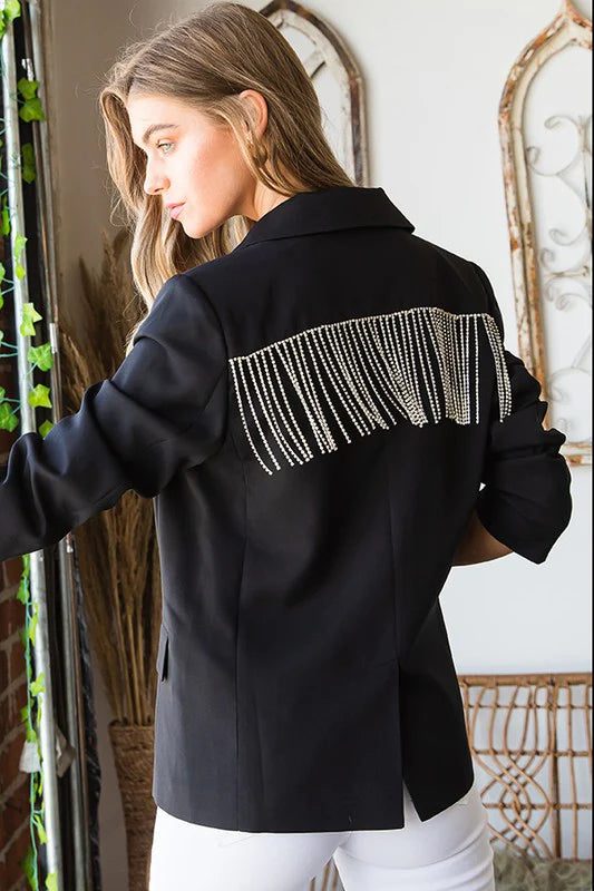 BLACK JEWELED TASSEL FRINGE LINED BUTTON HOLIDAY BEDAZZLED BLAZER