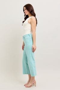 LIGHT BLUE SKY HIGH WAIST GARMENT DYED RAW HEM CROP WIDE LEG JUDY BLUE DENIM-PLUS
