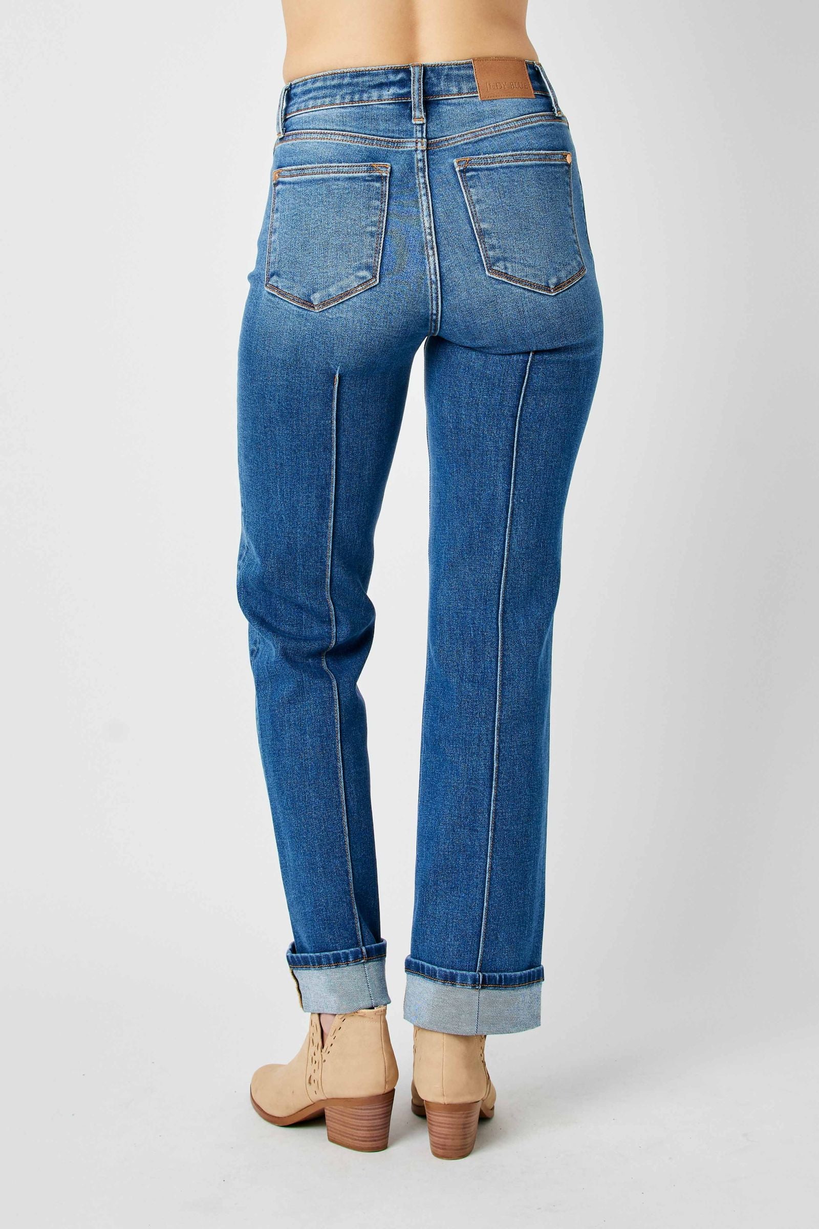 MEDIUM WASH HIGH WAIST FRONT SEAM DETAIL & CUFFED STRAIGHT JUDY BLUE DENIM