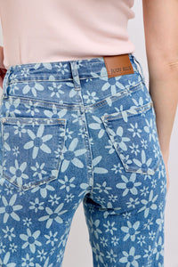 HIGH WAIST FLOWER PRINT CROPPED WIDE LEG JUDY BLUE DENIM MEDIUM WASH-PLUS