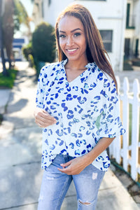 BLUE & IVORY ANIMAL PRINTED DOLMAN BUBBLE TOP-PLUS