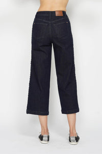 RINSE WASH HIGH WAIST SIDE SEAM BRAIDED DETAIL WIDE LEG CROPPED JUDY BLUE DENIM