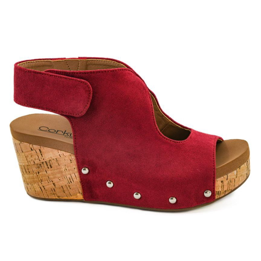 DARK RED FAUX SUEDE FRISKY CORKYS SANDAL WEDGES