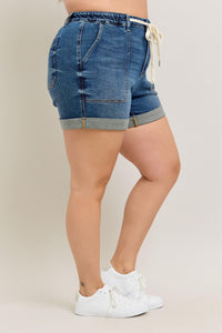 DARK WASH HIGH WAIST CUFFED JOGGER SHORTS BY JUDY BLUE DENIM-PLUS