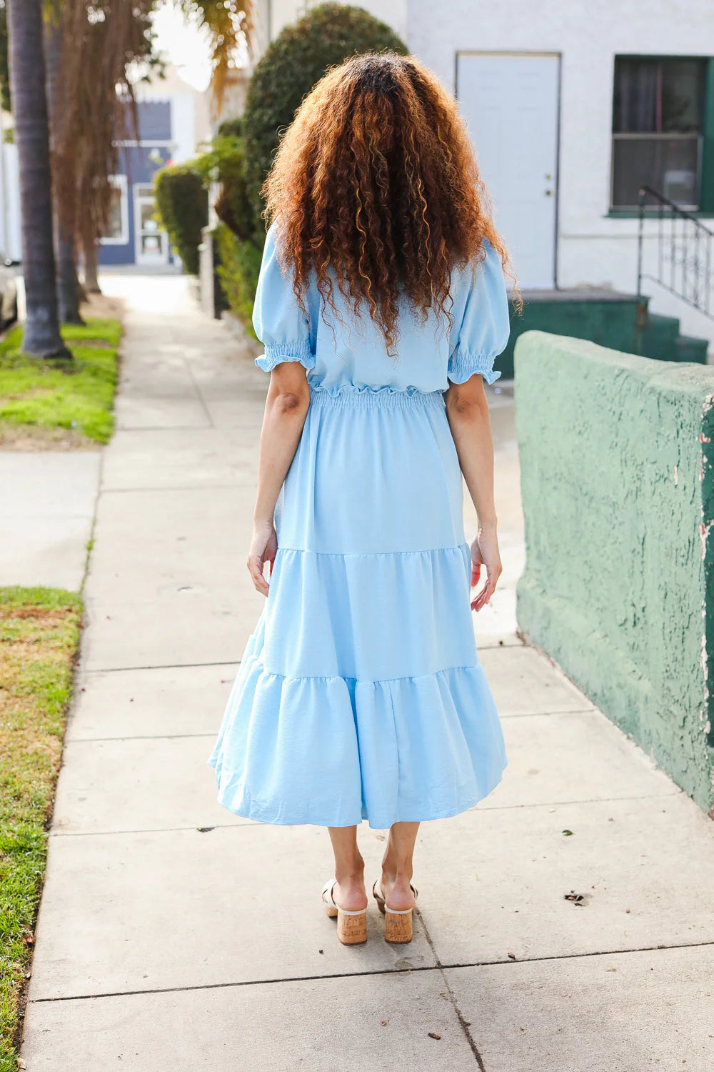 BABY BLUE PERIWINKLE FRILLY NOTCH NECK SHIRRED WAIST TIERED MAXI DRESS