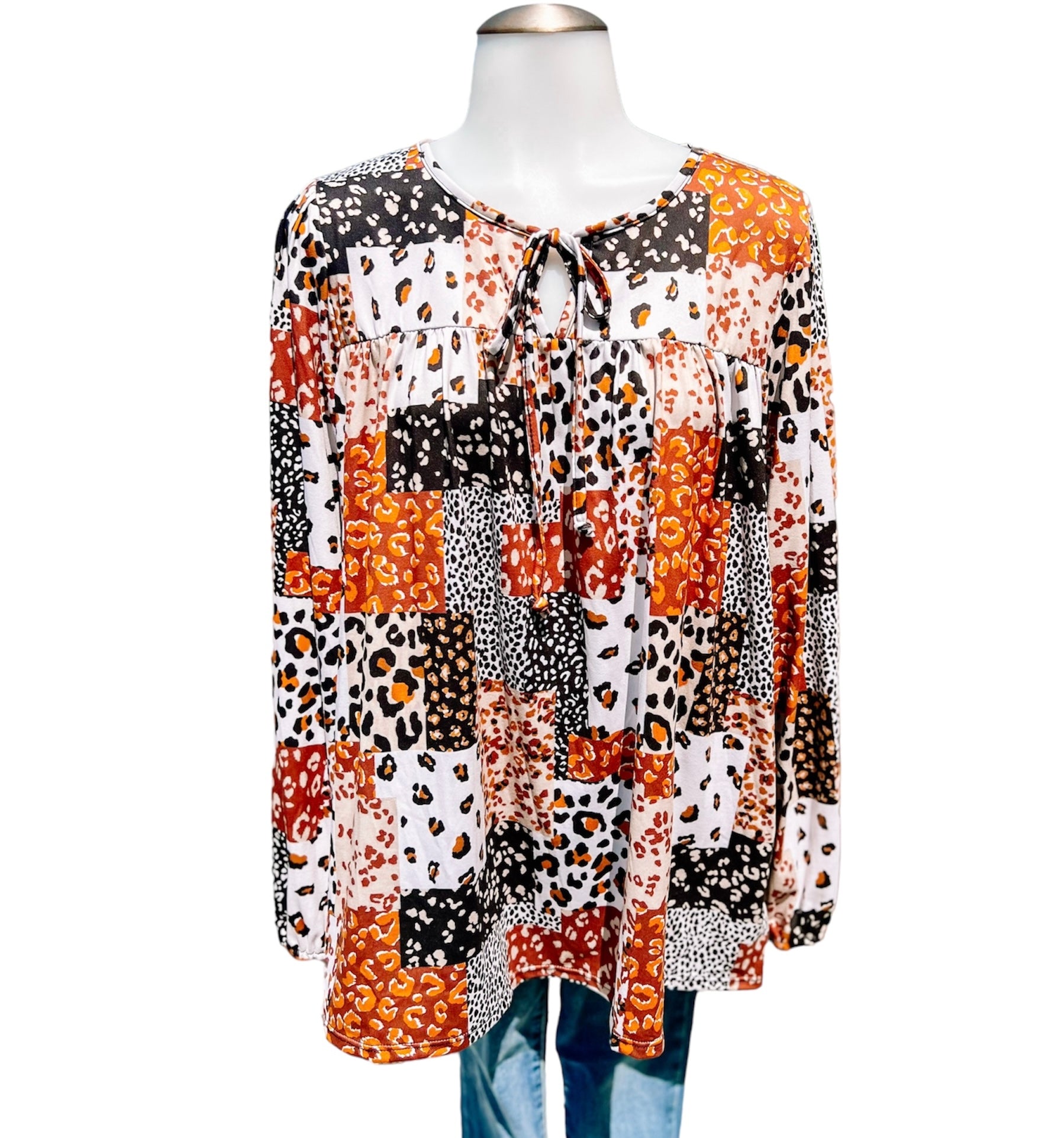 Caramel Black Ivory Animal Patchwork Top- MEDIUM