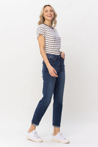 DARKWASH HIGH WAIST COOL DENIM SUSTAINABLE CUFF BOYFRIEND JUDY BLUE DENIM-PLUS