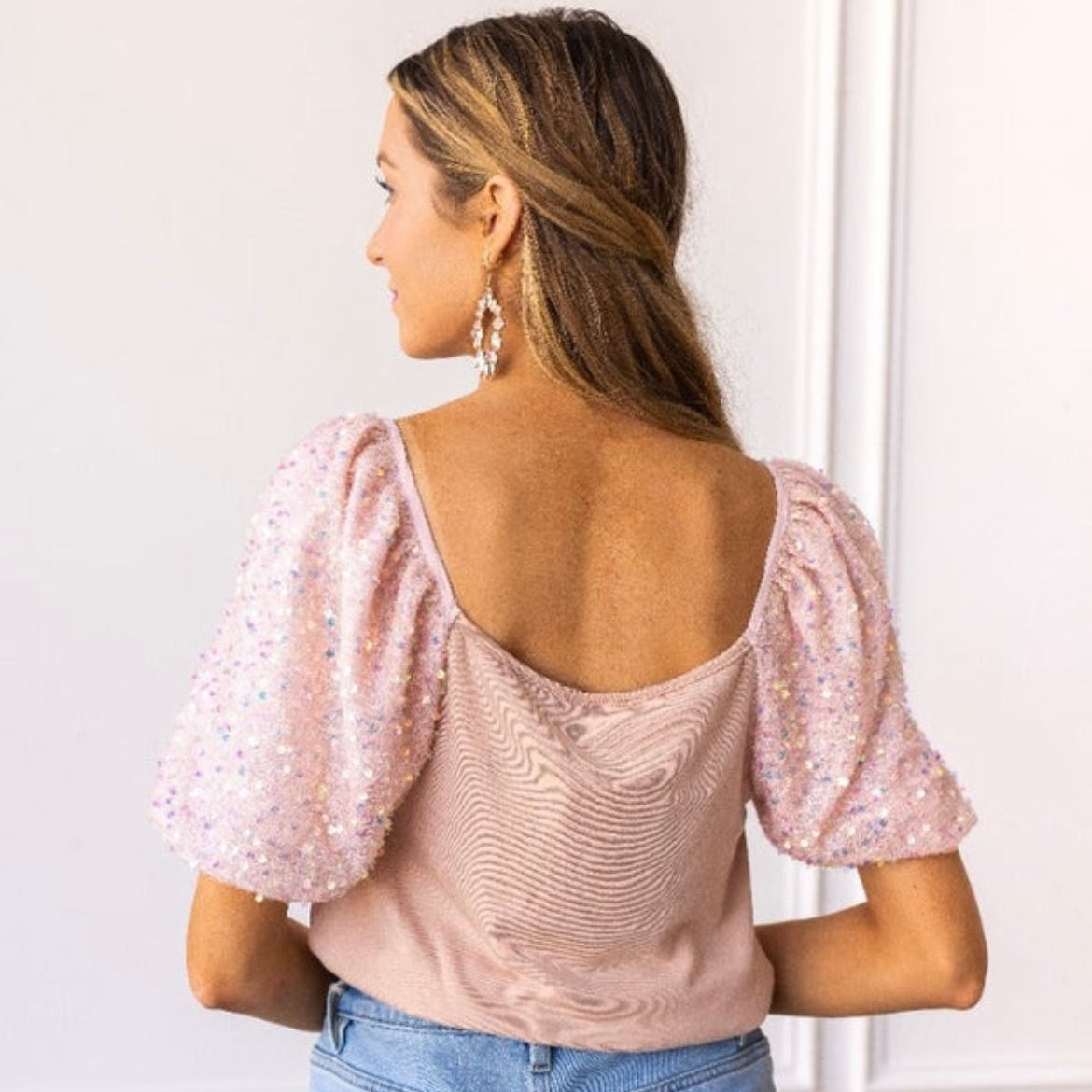 Rose Quartz Blush Sparkle Puff Sleeve Sequins Top