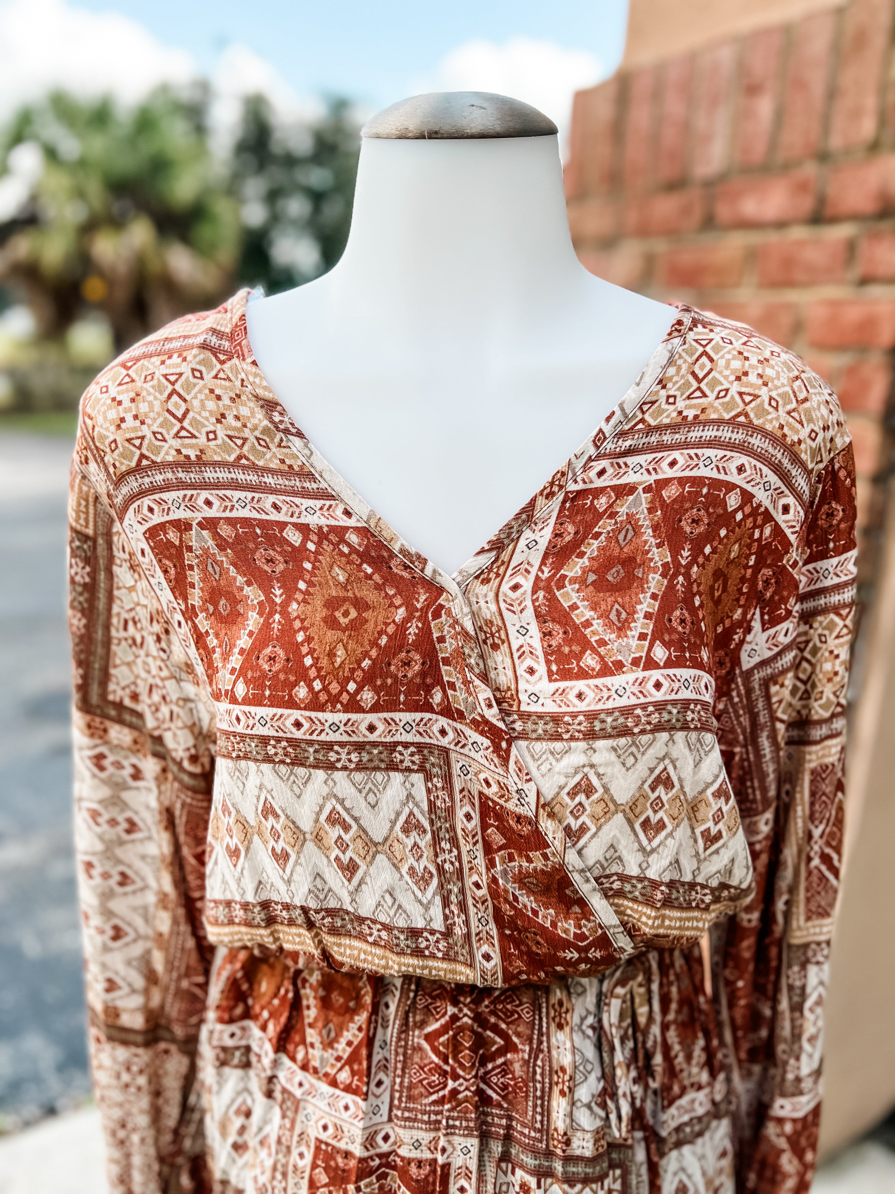 Rust Aztec Peplum Flare Longsleeve Top