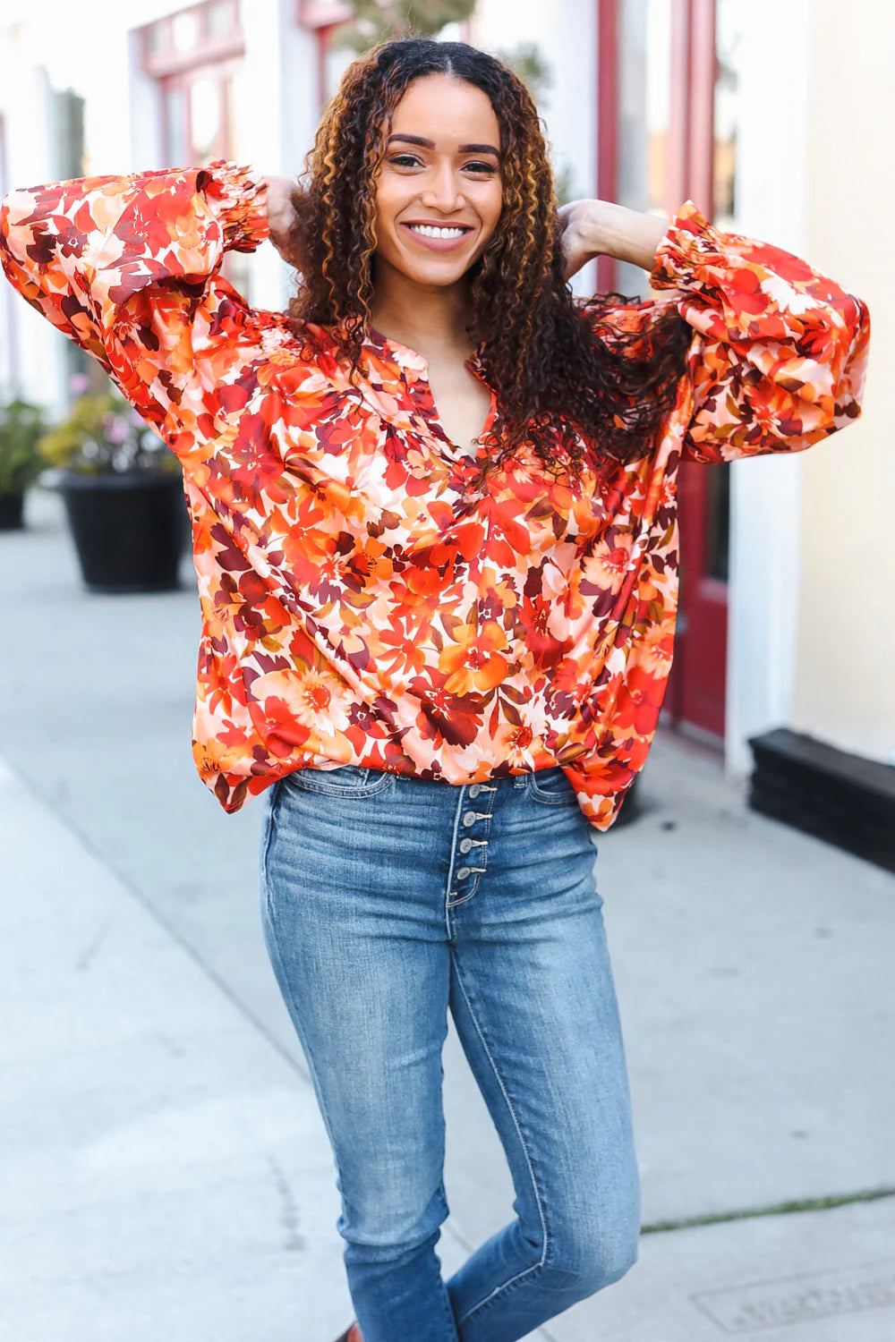 FALL VIBES RUST FLORAL PRINT NOTCHED NECK SMOCKED SATIN BLOUSE-PLUS