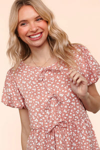MAUVE WHITE FLORAL FRONT RIBBONS BOW TIE BABYDOLL KNIT TOP-PLUS