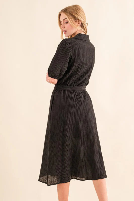 BLACK TEXTURED LINED MIDI WAIST TIE DRESS