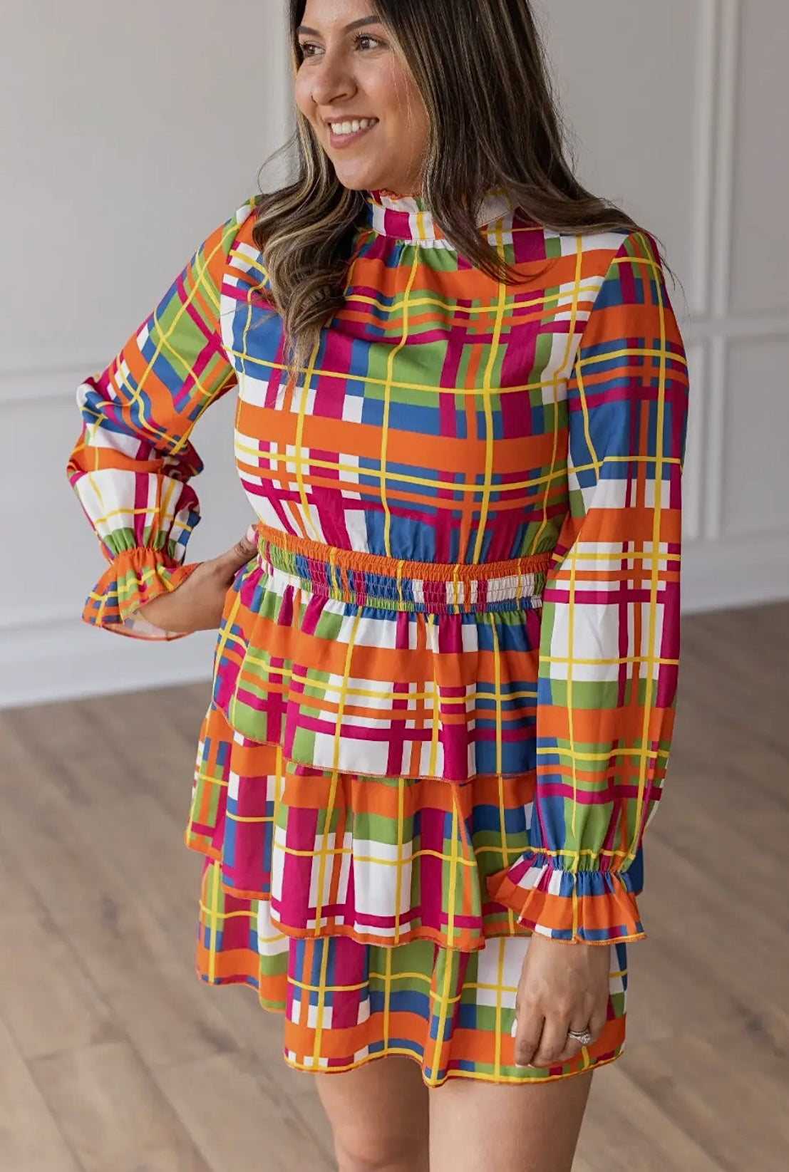 COLORFUL PLAID MOCK NECK RUFFLE DRESS