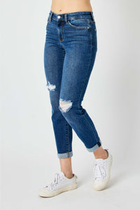 MID RISE DESTROYED SLIM MEDIUM WASH JUDY BLUE DENIM-PLUS