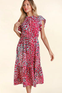 FUCHSIA TEAL MOCK NECK BACK BUTTON SIDE POCKETED MIDI DRESS