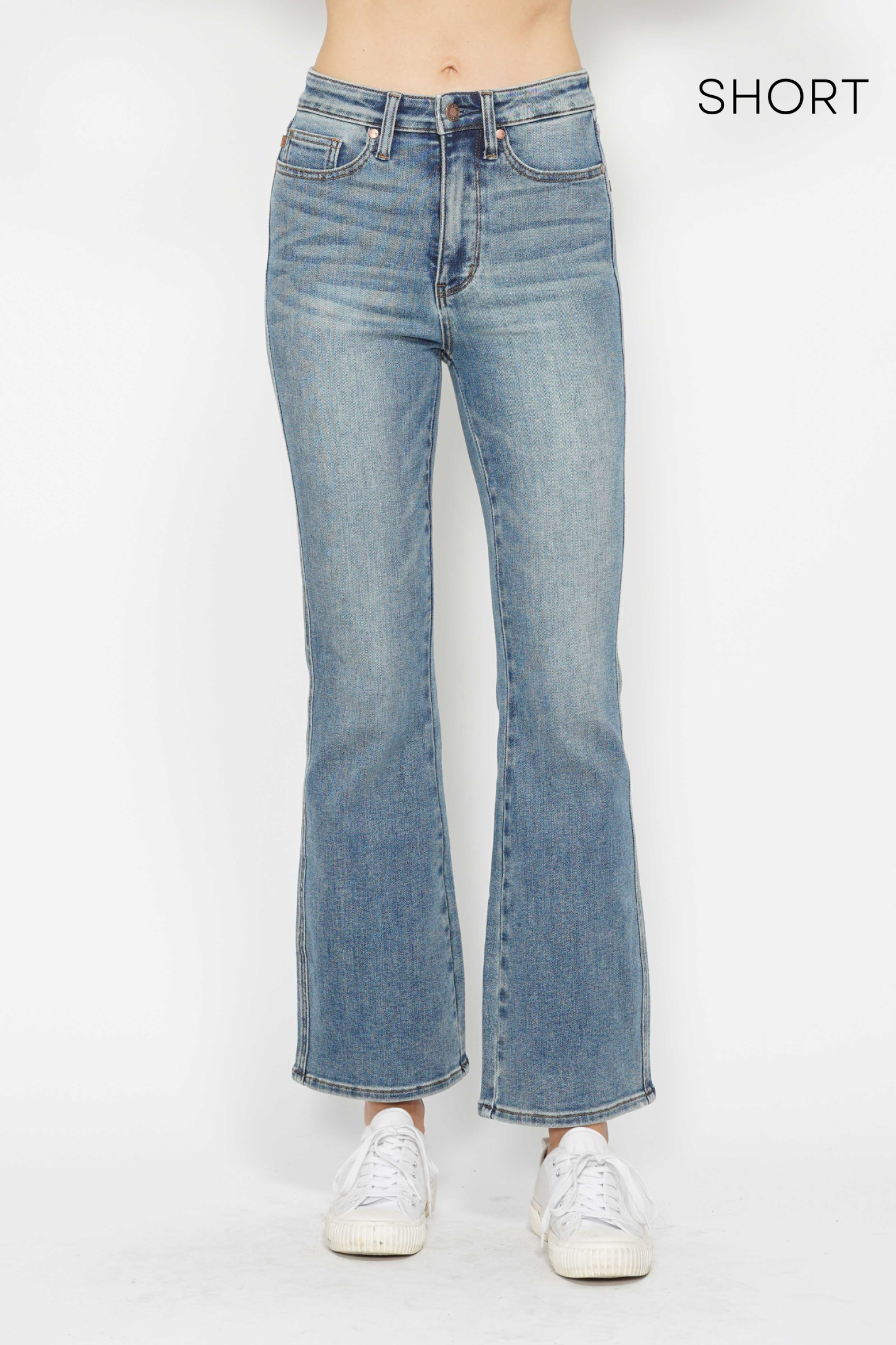 *SHORT INSEAM* HIGH WAIST TUMMY CONTROL MEDIUM WASH BACK POCKET EMBROIDERY BOOTCUT JUDY BLUE DENIM