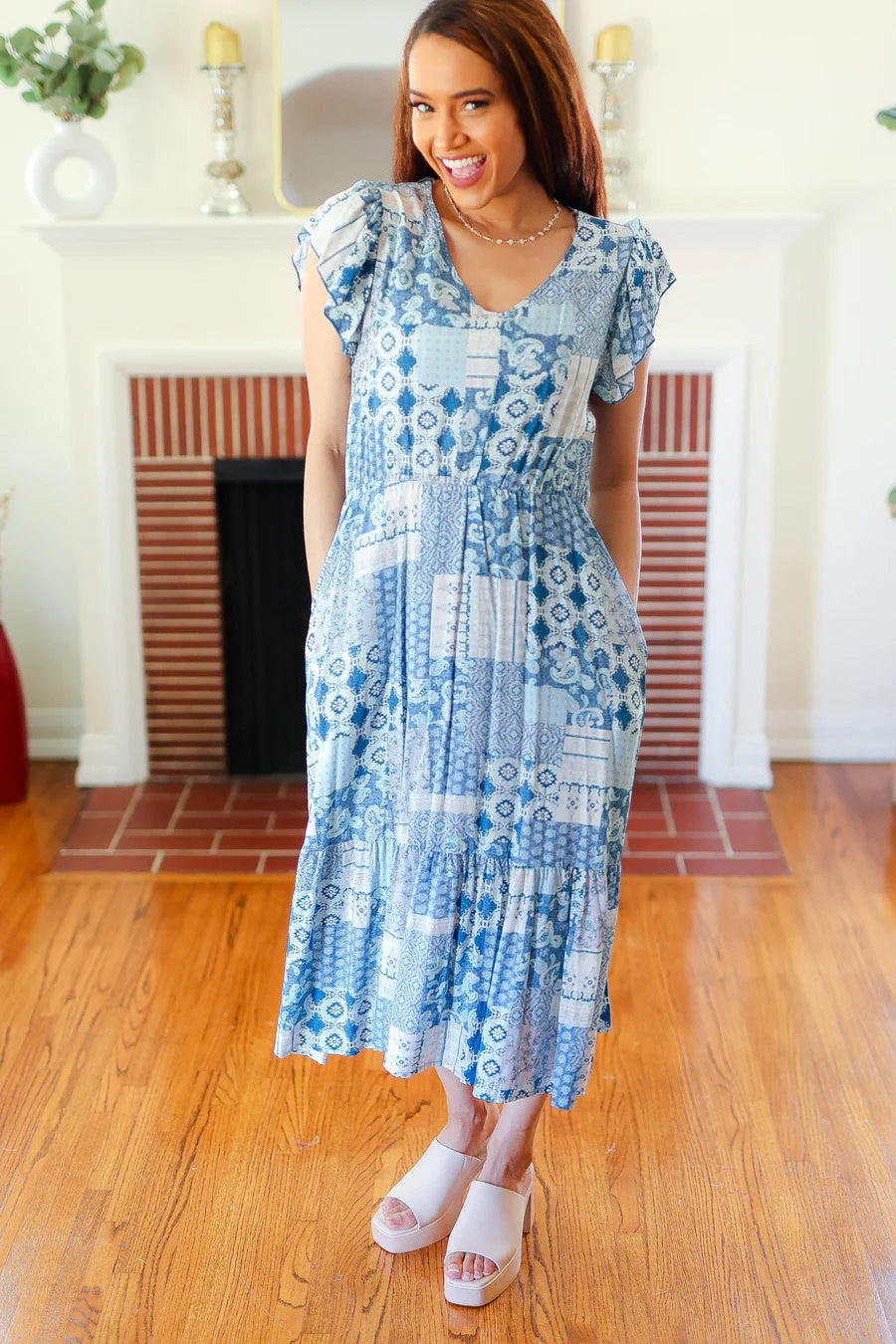 BLUE BOHO TIERED RUFFLE HEM POCKETED MIDI DRESS- LARGE