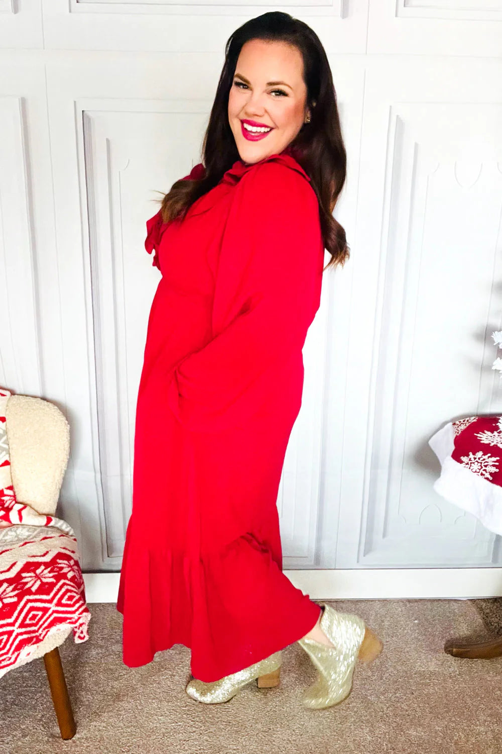 RED BEAUTIFUL YOU HOLIDAY RUFFLE SURPLICE VNECK MAXI DRESS-PLUS