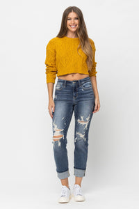 MID RISE CUFFED DESTROYED BOYFRIEND MEDIUM WASH JUDY BLUE DENIM