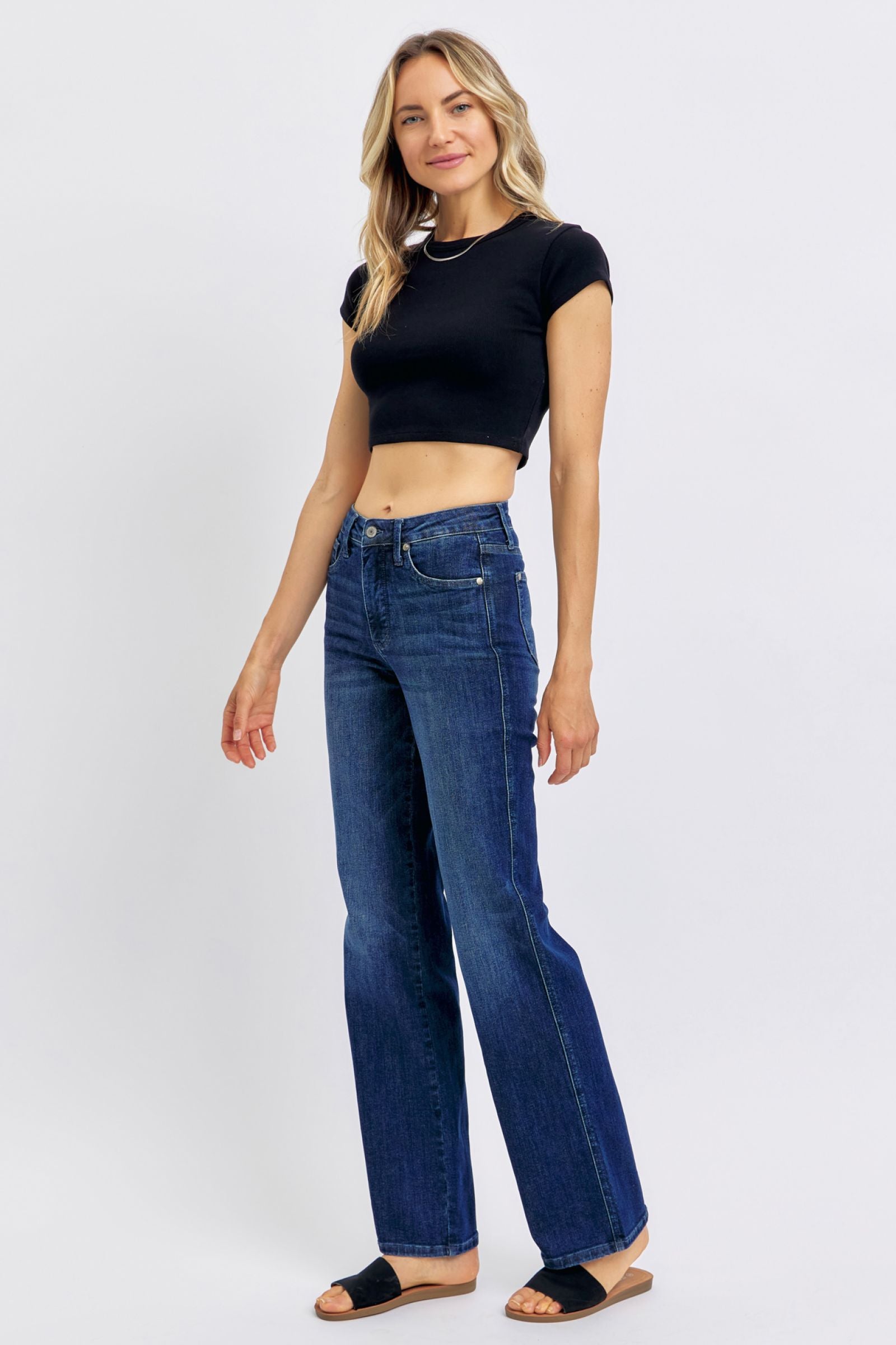 JUDY BLUE MID RISE TUMMY CONTROL CLASSIC STRAIGHT DARKWASH DENIM-PLUS