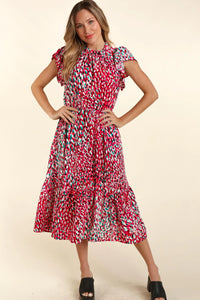 FUCHSIA TEAL MOCK NECK BACK BUTTON SIDE POCKETED MIDI DRESS