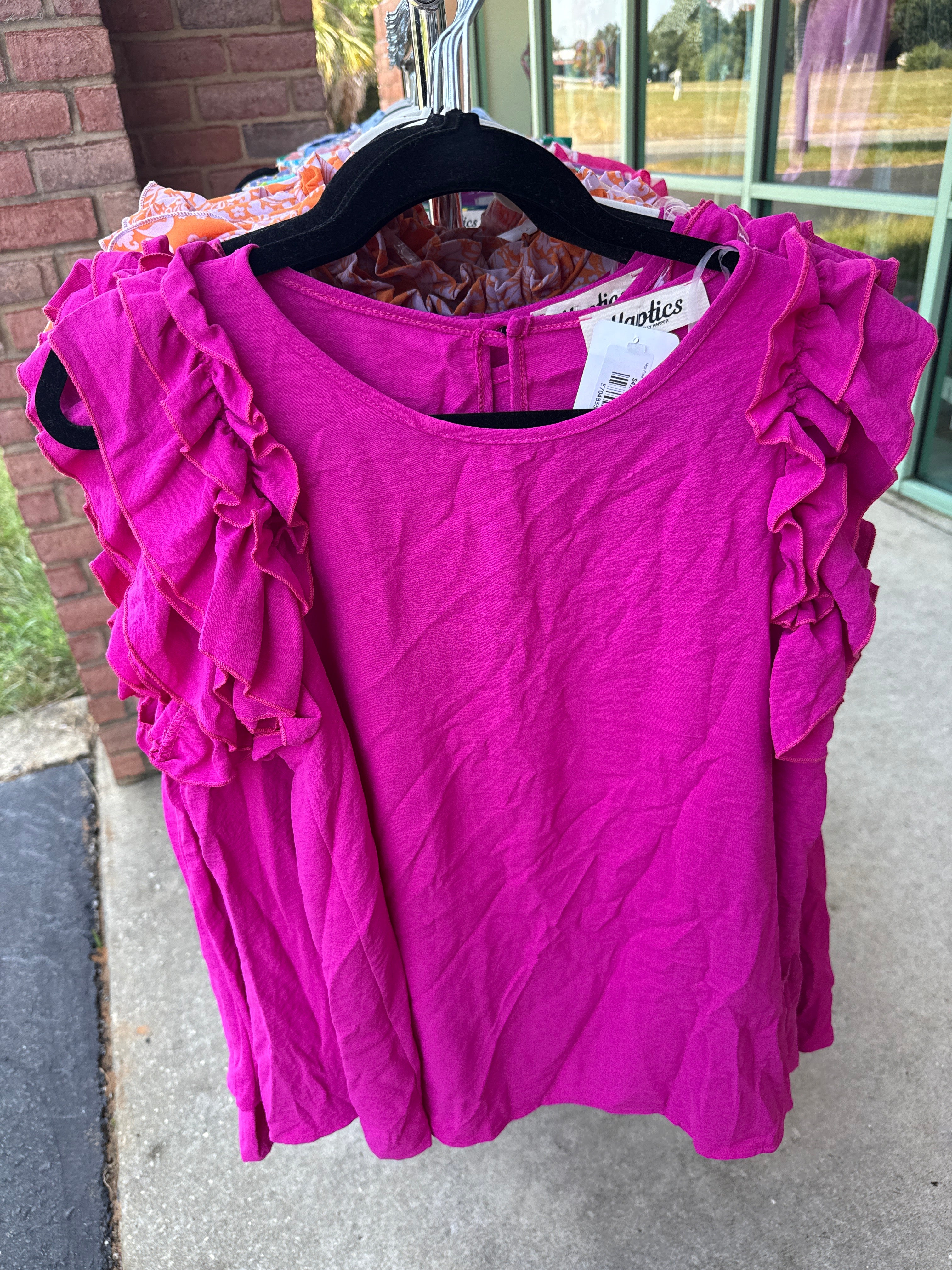 Hot Pink Crinkle Double Ruffle Short Sleeve Top- SALE