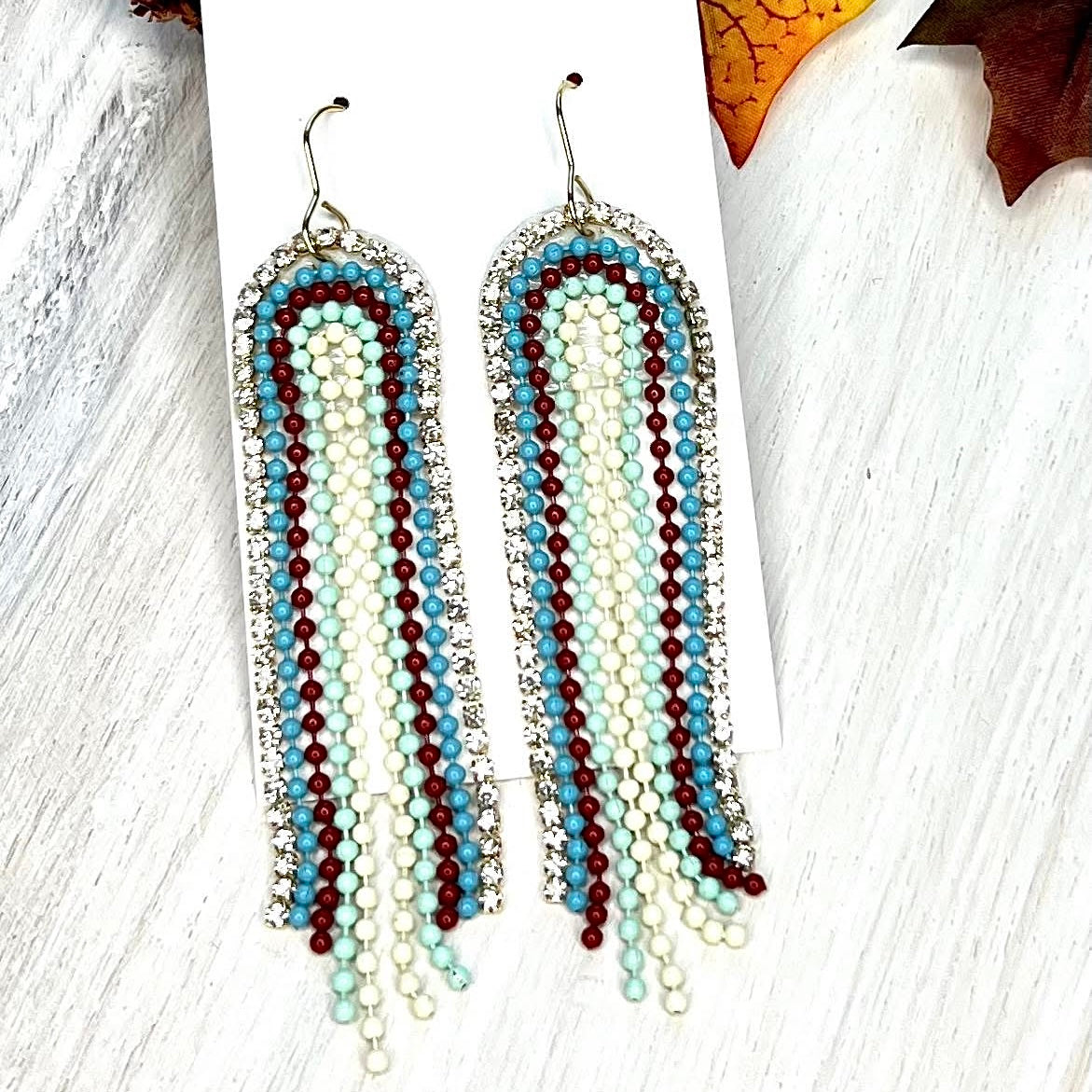 BLUE CREAM RHINESTONE DANGLY RAINBOW ARCHED SEEDBEADED HANDMADE EARRINGS BY B.O.D