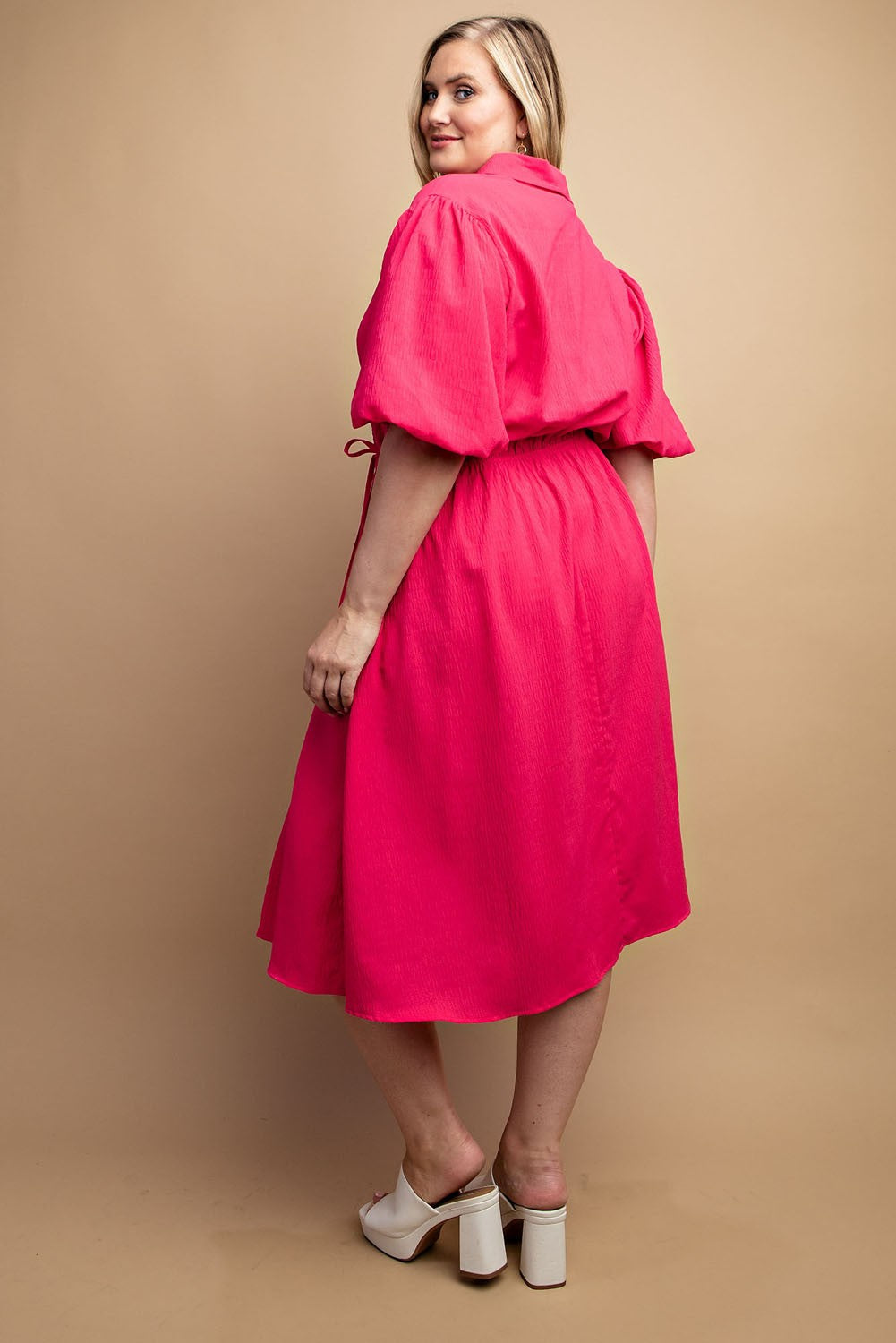 HOT PINK TEXTURED WOVEN ELASTIC WAIST MIDI DRESS-PLUS