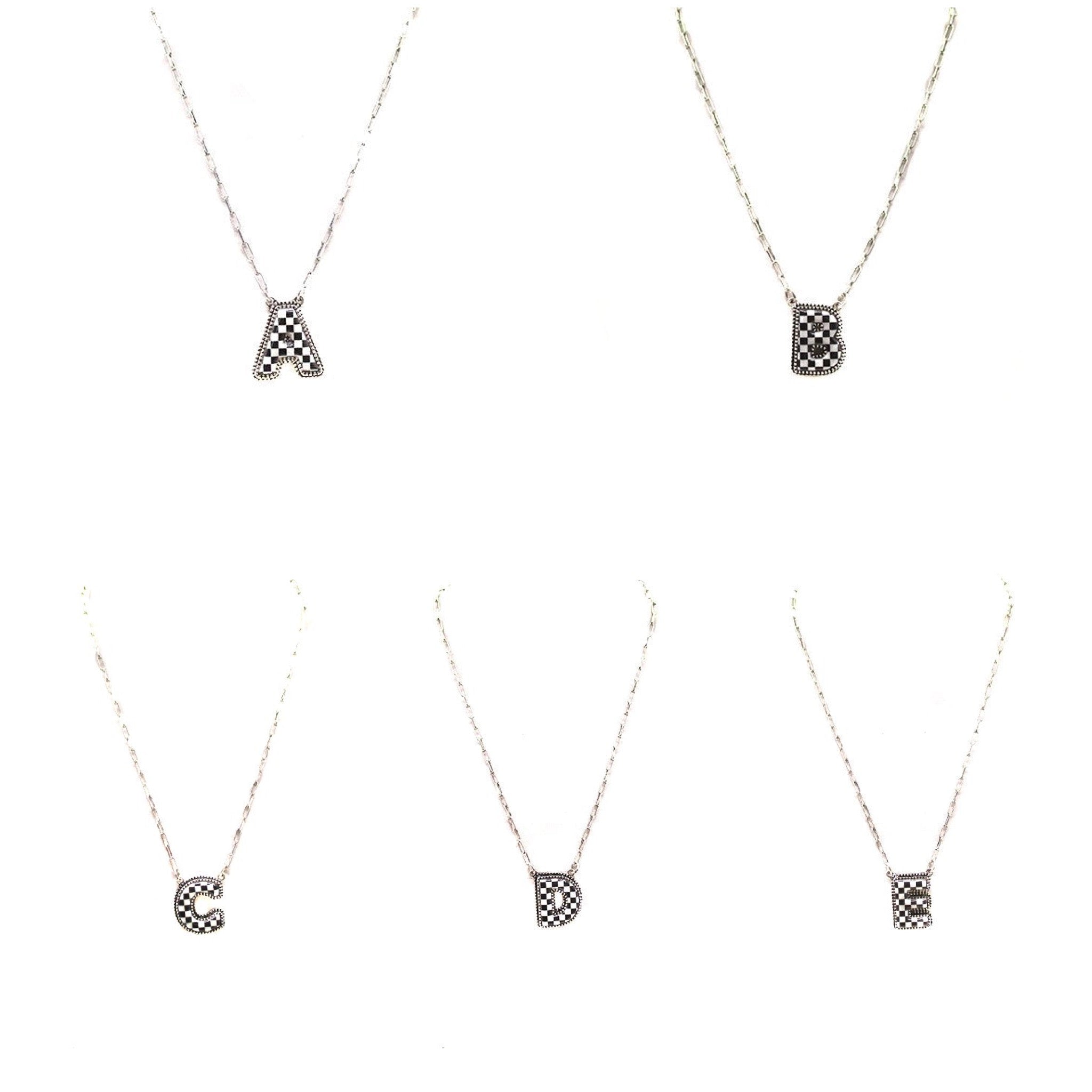 CHECKERED BUBBLE INITIAL BLACK & WHITE ON SILVER CHAIN WITH 18" + 3" EXTENDER NECKLACE