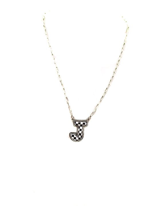 CHECKERED BUBBLE INITIAL BLACK & WHITE ON SILVER CHAIN WITH 18" + 3" EXTENDER NECKLACE
