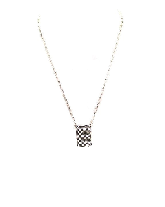 CHECKERED BUBBLE INITIAL BLACK & WHITE ON SILVER CHAIN WITH 18" + 3" EXTENDER NECKLACE