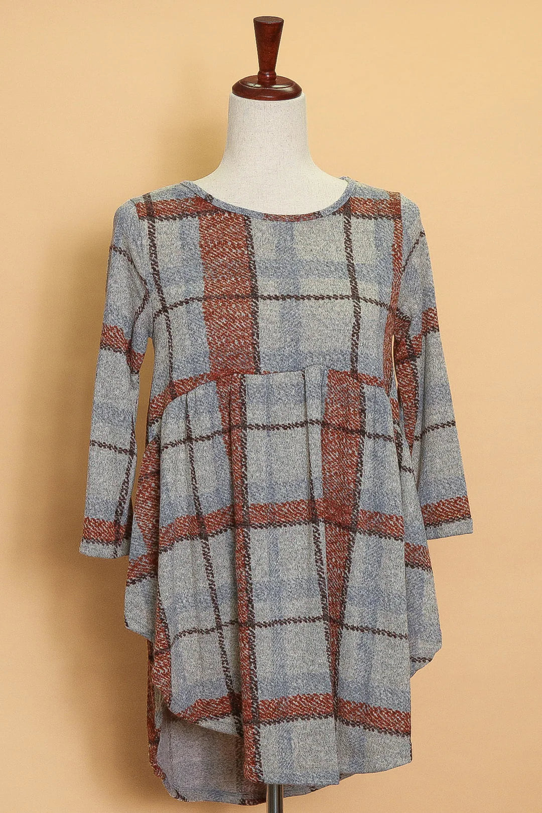 GREY MAROON PLAID BABYDOLL FIT AND FLARE TOP