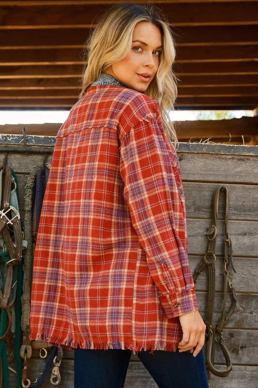 RED PLAID DENIM LAYERED HOODIE TOP-PLUS