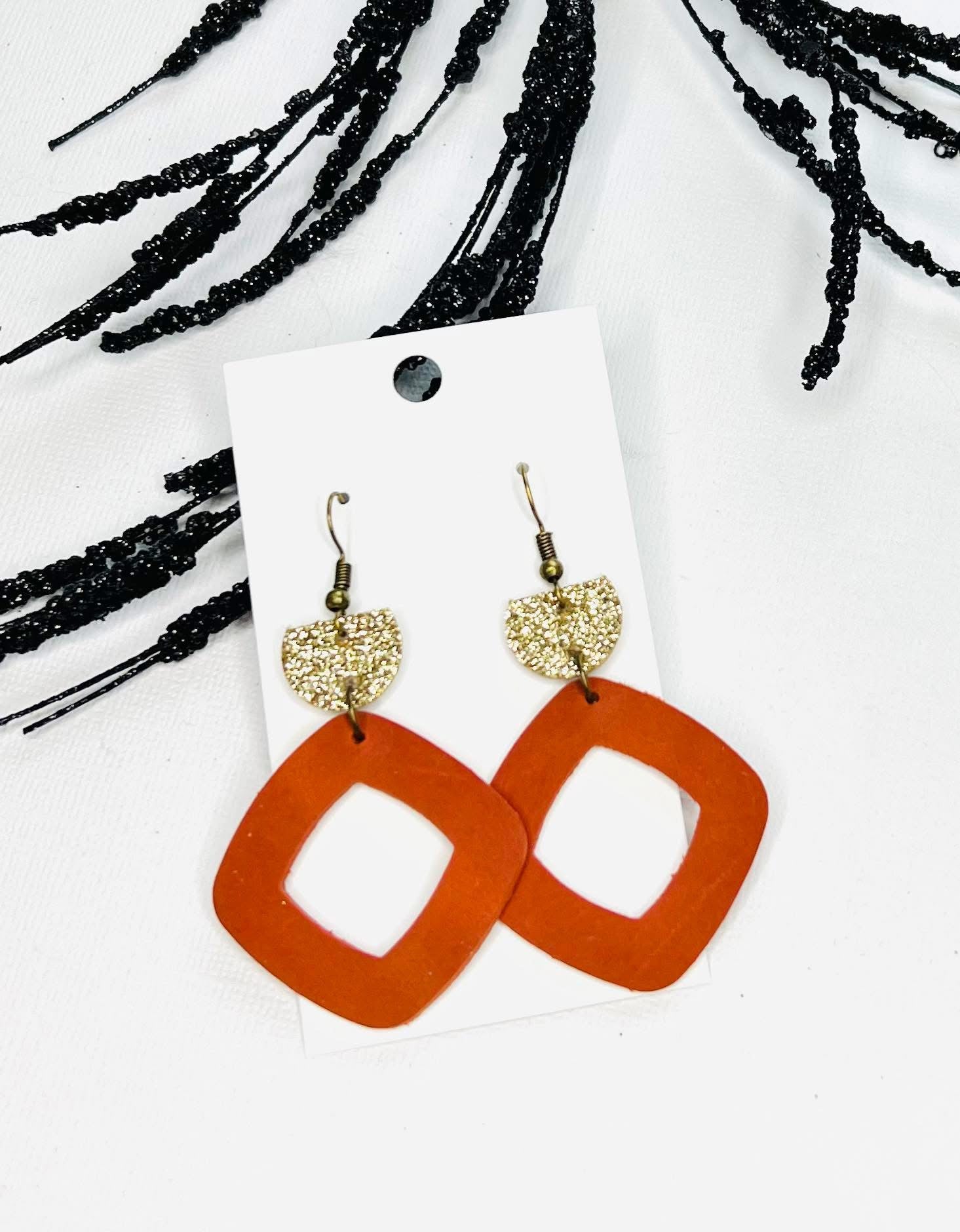 LEATHER SQUARE & GOLD GLITTER HALF CIRCLE HANDMADE EARRINGS BY B.O.D