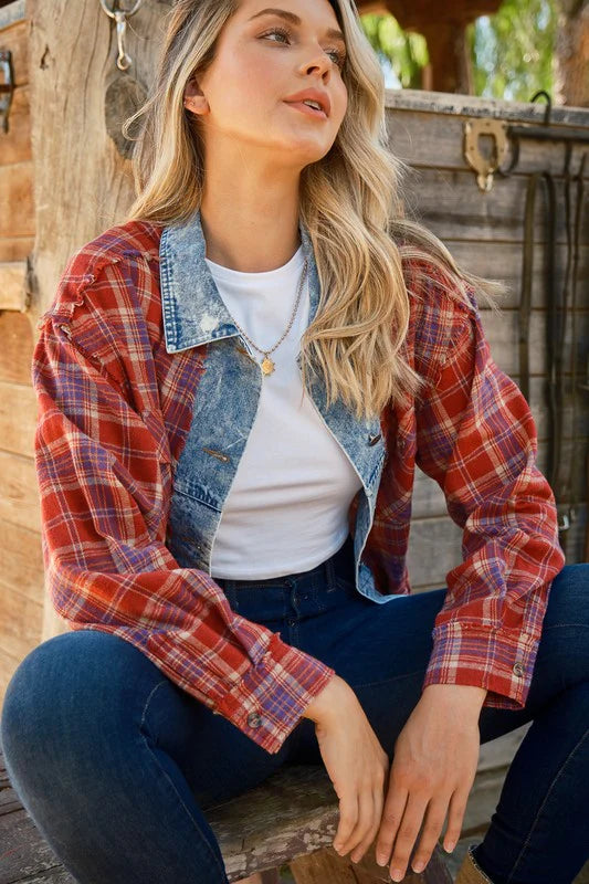 RED PLAID DENIM LAYERED HOODIE TOP-PLUS