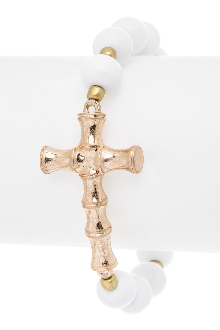 BAMBOO-STYLE CROSS CHARM WOODEN BEADED GIFTABLE BRACELET
