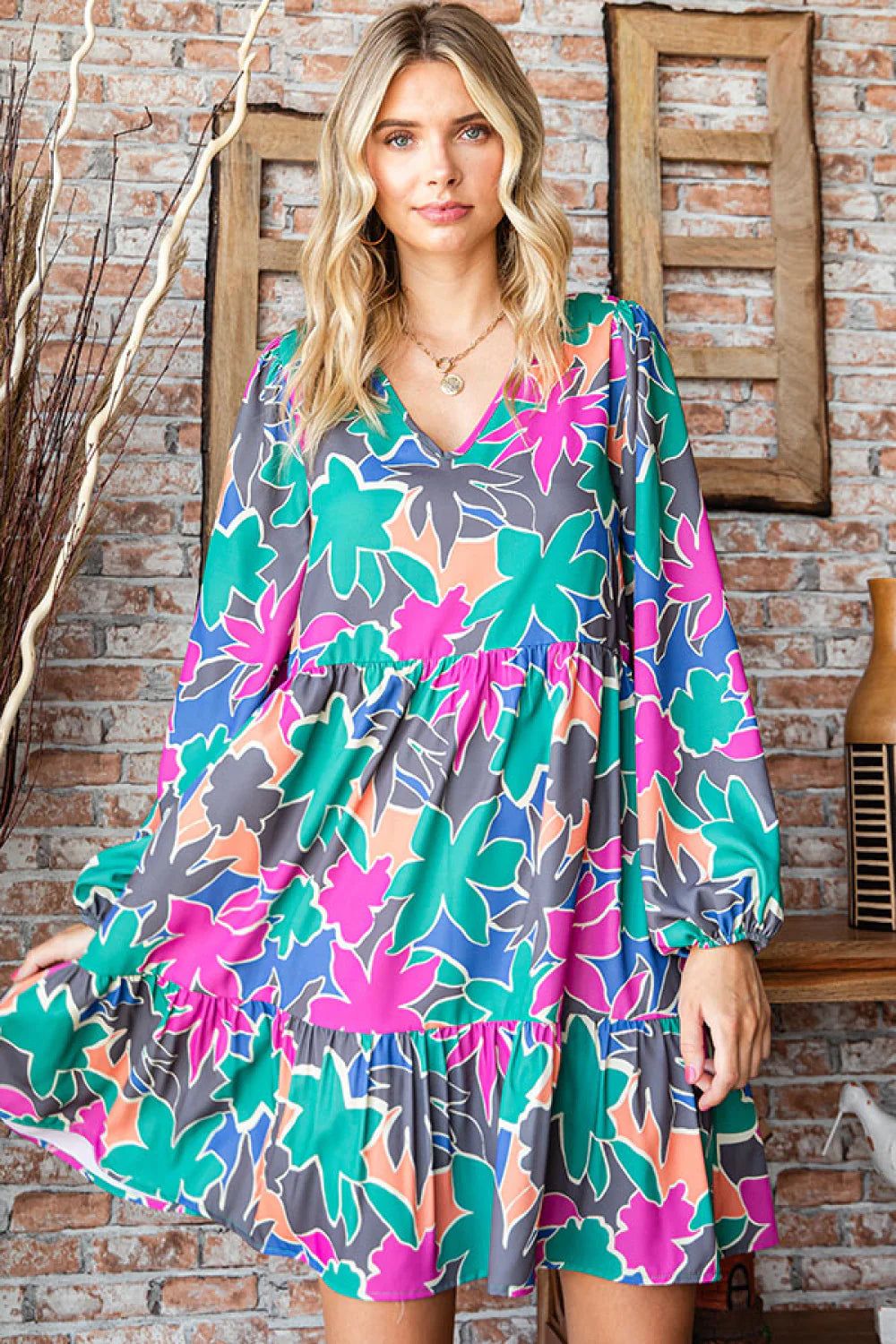 AQUA TEAL PINK FLORAL MULTI COLOR ABSTRACT PRINTED LONGSLEEVE DRESS