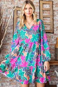 AQUA TEAL PINK FLORAL MULTI COLOR ABSTRACT PRINTED LONGSLEEVE DRESS